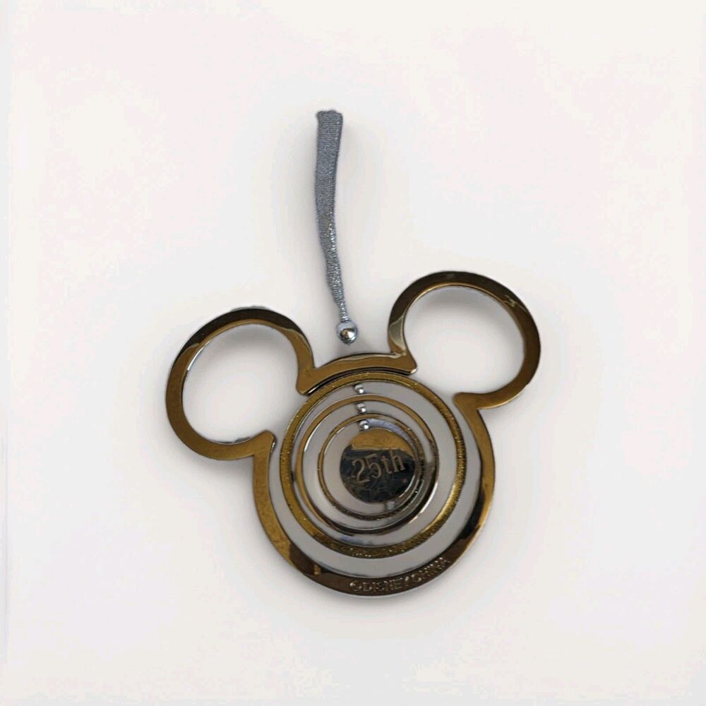 NWT Disney Parks Mickey Mouse  Silver Metal Glitter Spinner Christmas Ornament